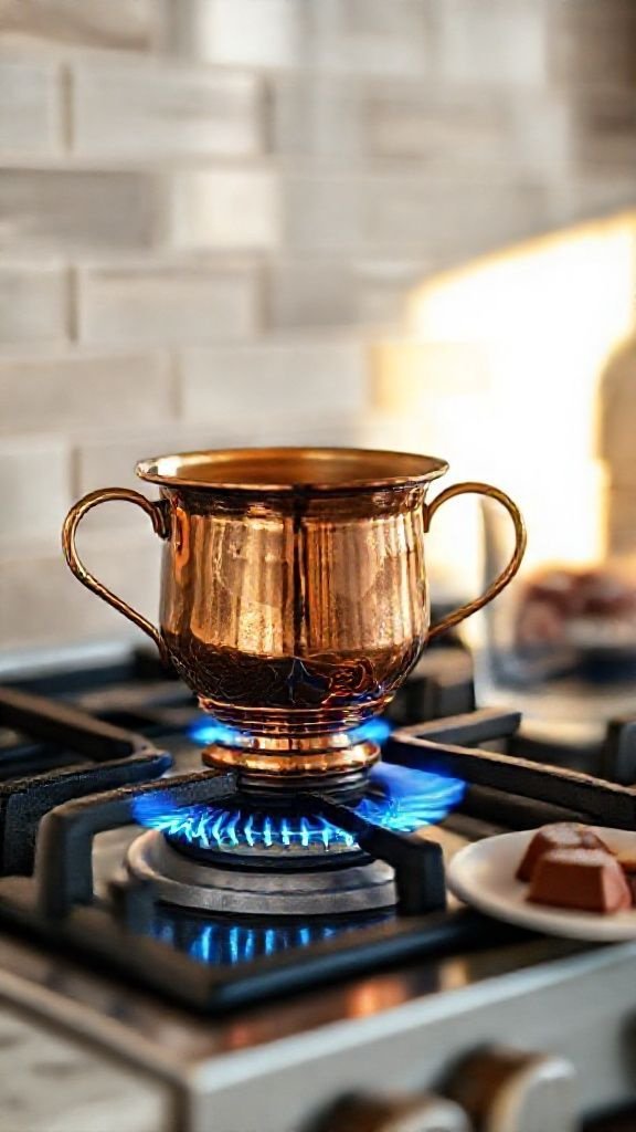Top-down flat lay of a spoon stirring coffee grounds and water in a copper cezve on a rustic wood table.