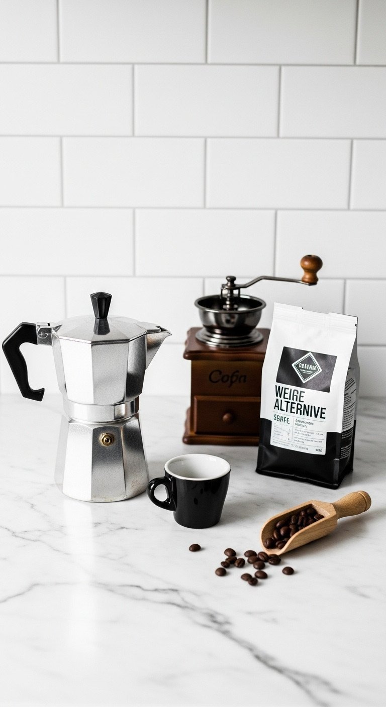 The Simple Trick For A Perfectly Creamy Nutella Latte 7 Top-down flat lay of a stovetop Moka pot, coffee grinder, and whole coffee beans on a white marble kitchen countertop.