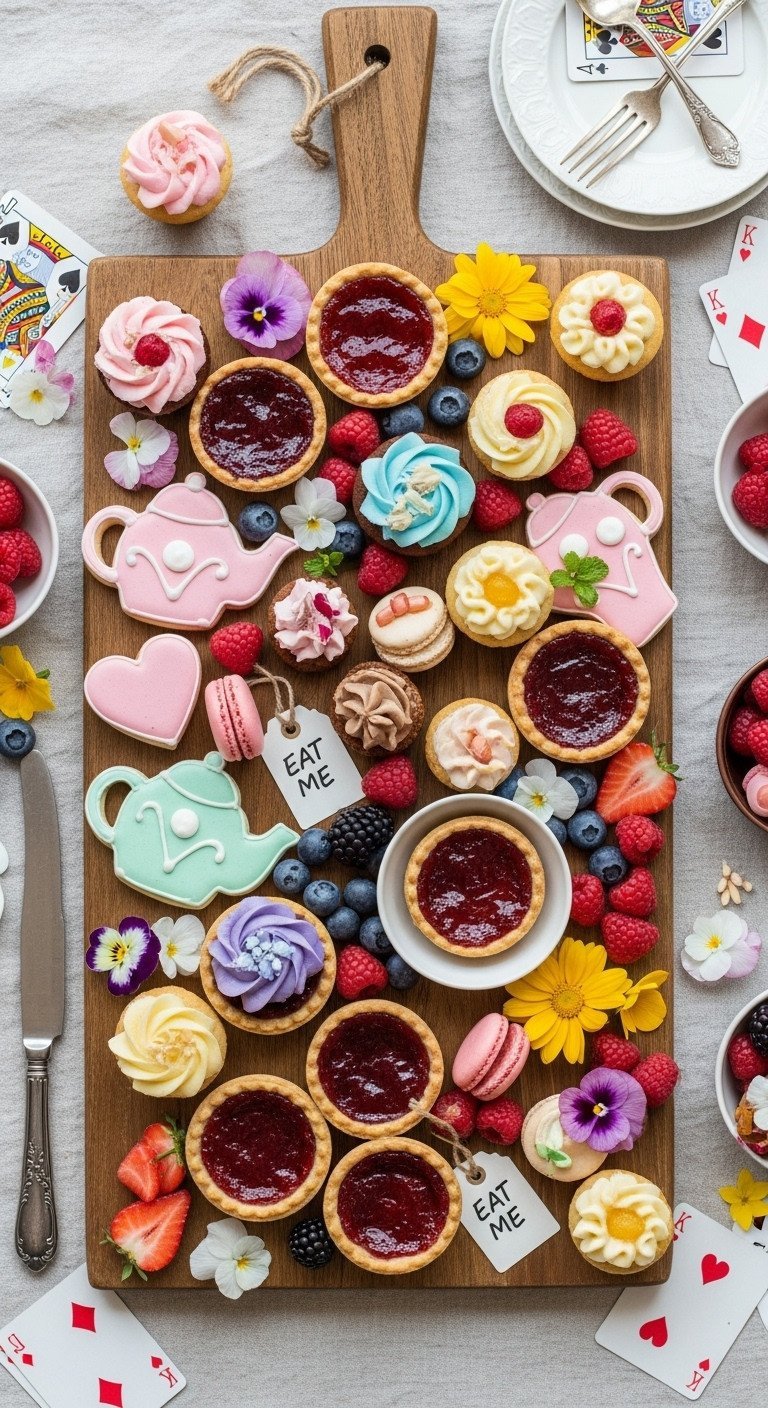 Brilliant Mad Hatter Tea Party Ideas For A Whimsical Event 7 Top-down flat lay of a whimsical dessert grazing board with cookies, cupcakes, and tarts for a tea party.