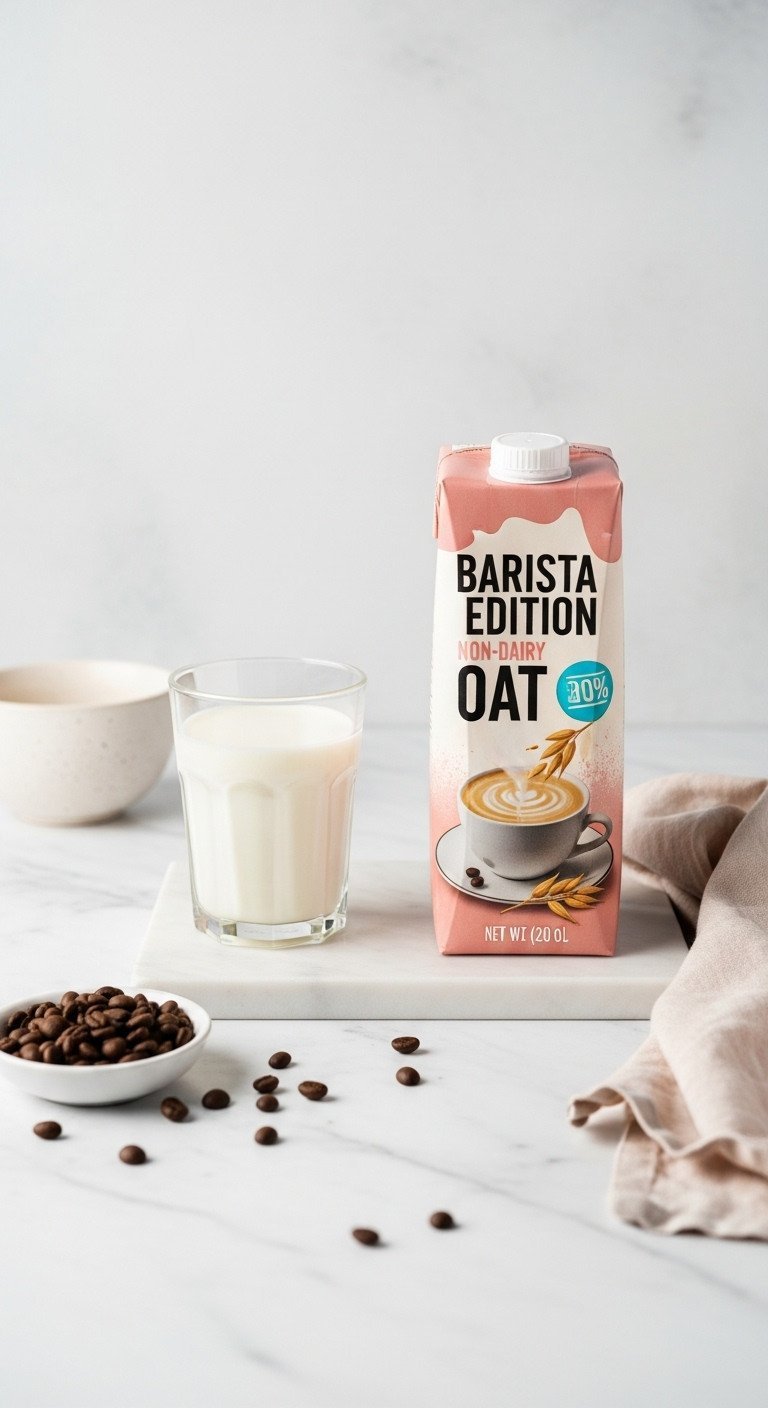 Top-down flat lay of barista oat milk beside a glass of fresh milk on a marble counter, showing dairy and non-dairy options.