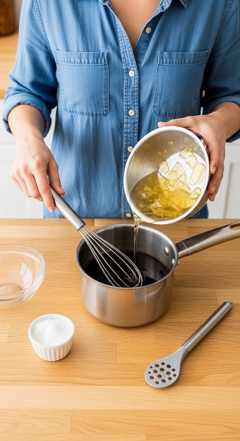 Top-down flat lay of bloomed translucent gelatin being whisked into a saucepan of hot coffee for a coffee jelly recipe.