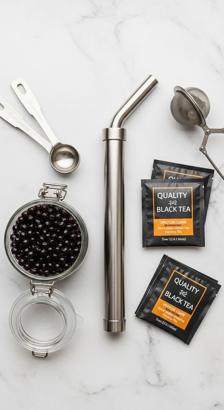 Master The Perfect Boba Tea Recipe For Chewy Pearls 1 Top-down flat lay of boba tea ingredients: dark tapioca pearls, black tea bags, stainless steel straw on marble counter. DIY boba kit.