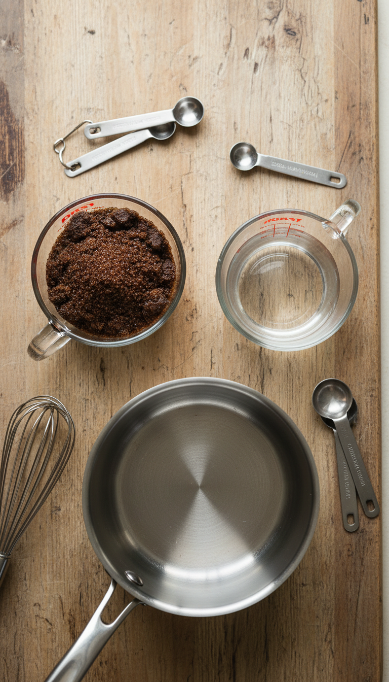 Top-down flat lay of brown sugar, water, saucepan for homemade coffee syrup on rustic wood.