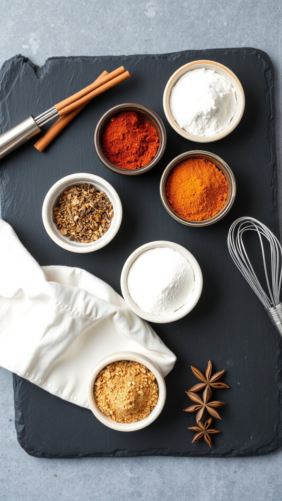 Top-down flat lay of ceramic bowls with ground cinnamon, nutmeg, ginger, and allspice for a recipe on a dark slate surface.