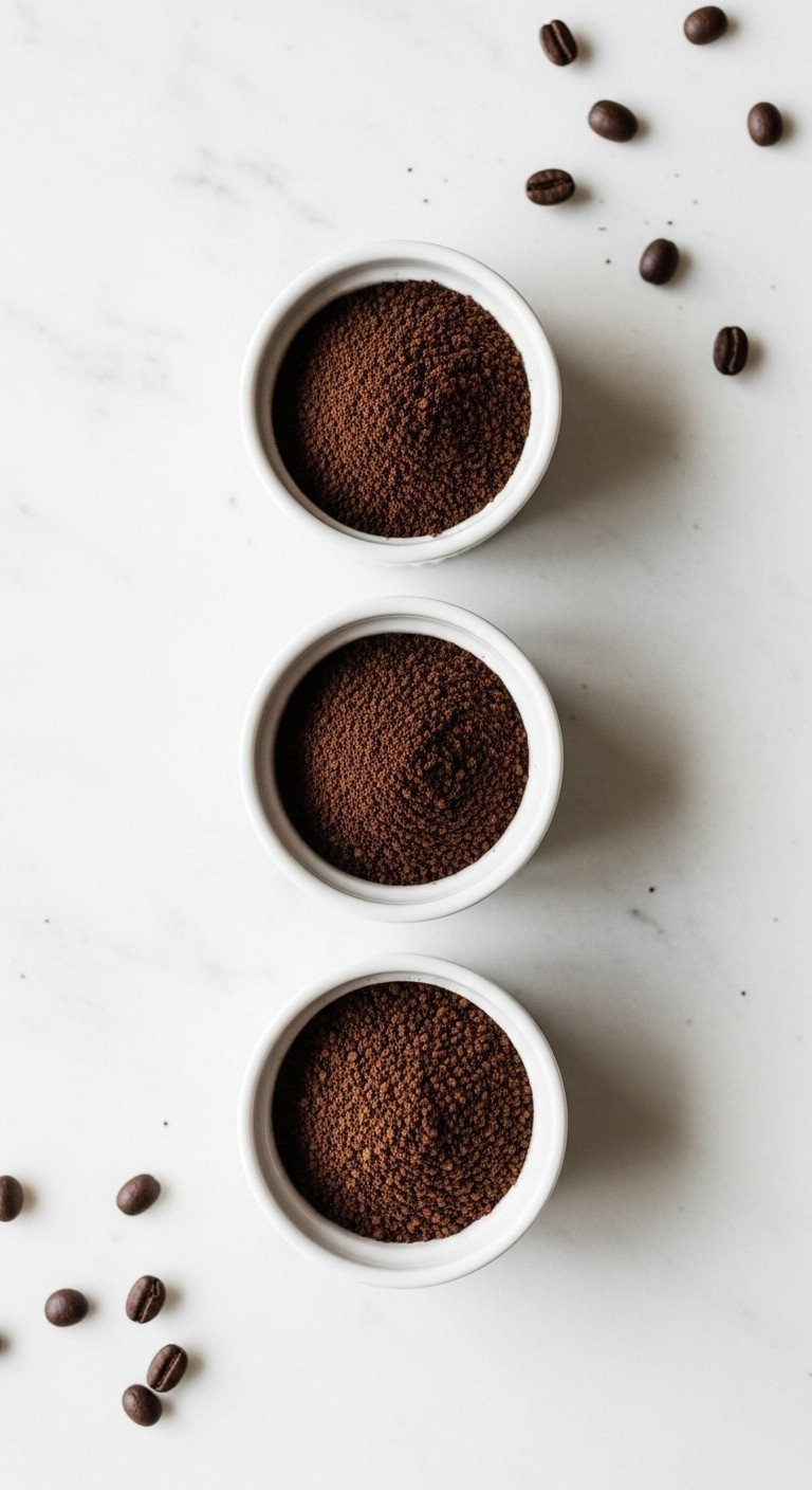 Top-down flat lay of coarse, medium, and fine coffee grounds in three white ceramic bowls on a gray marble countertop.