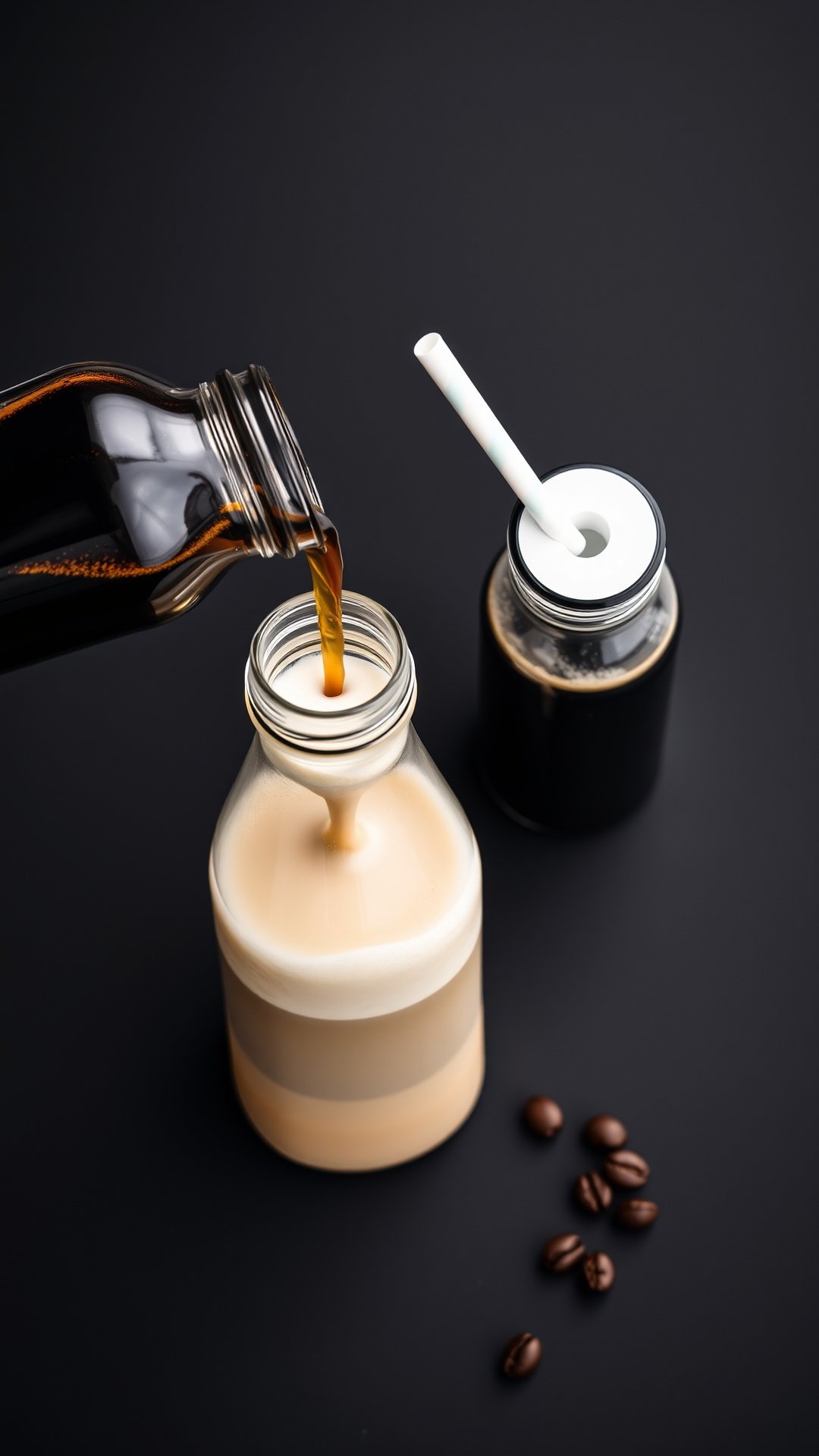 Top-down flat lay of dark cold brew concentrate being poured from a bottle into a shaker with frothed protein milk.