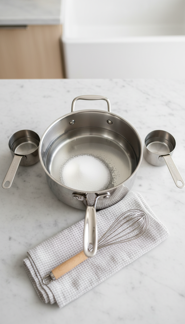 Homemade Peppermint Coffee Syrup Perfect Coffeehouse Taste 1 Top-down flat lay of granulated sugar, water, and measuring cups in a stainless steel saucepan on a marble kitchen counter, preparing simple syrup.