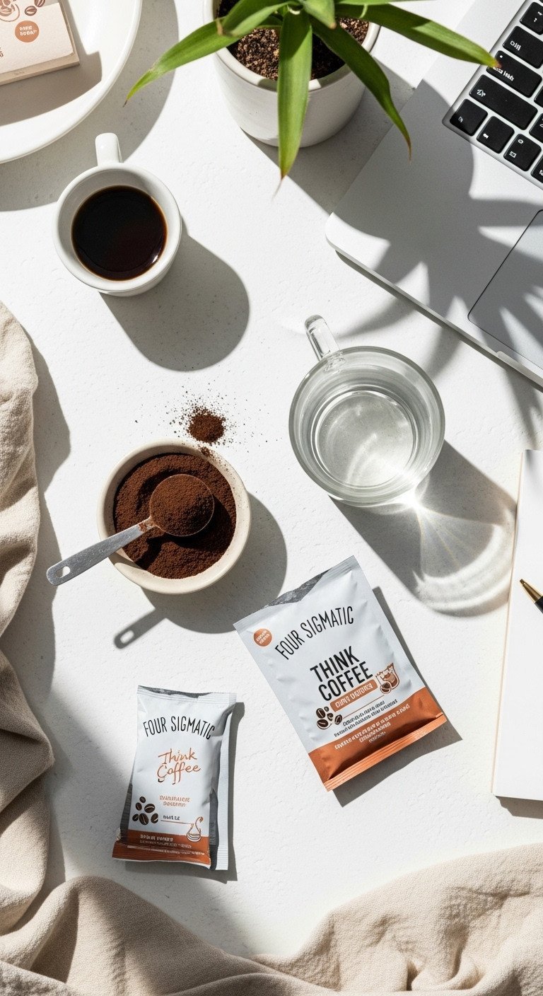Top-down flat lay of opened Four Sigmatic Think Coffee packet with dark powder, hot water, laptop, and notebook on white.