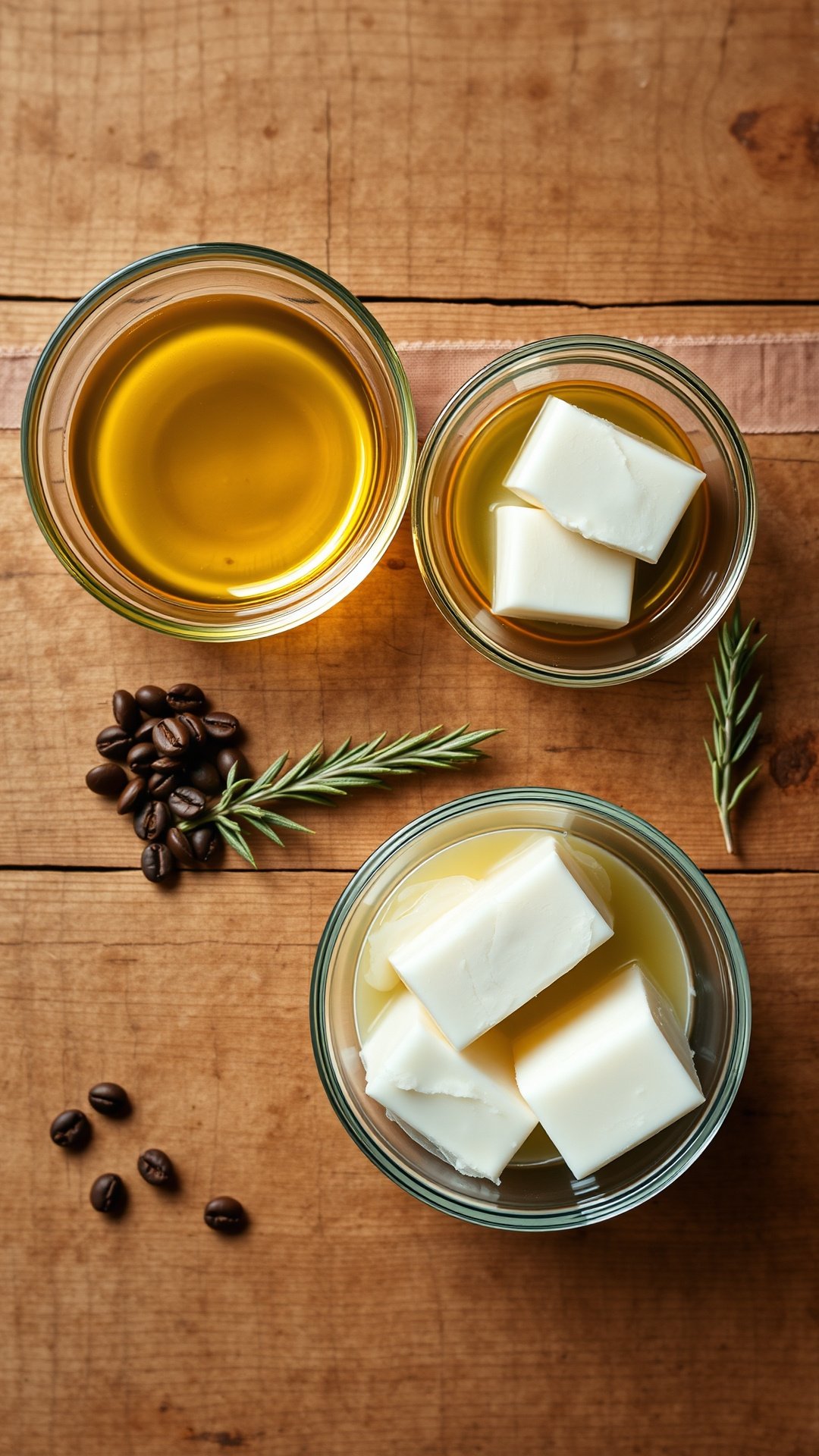 Make Perfect Coffee Soap With Our Complete Step By Step Guide 3 Top-down flat lay of soap making ingredients: olive oil, coconut oil, and shea butter in glass bowls on a rustic wooden table.