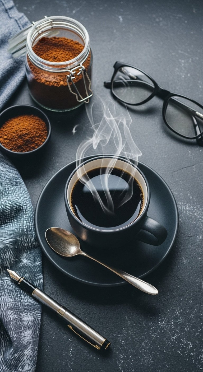 Top-down flat lay of steaming black coffee in a dark mug on a slate desk with glasses, a pen, and a jar of instant coffee.