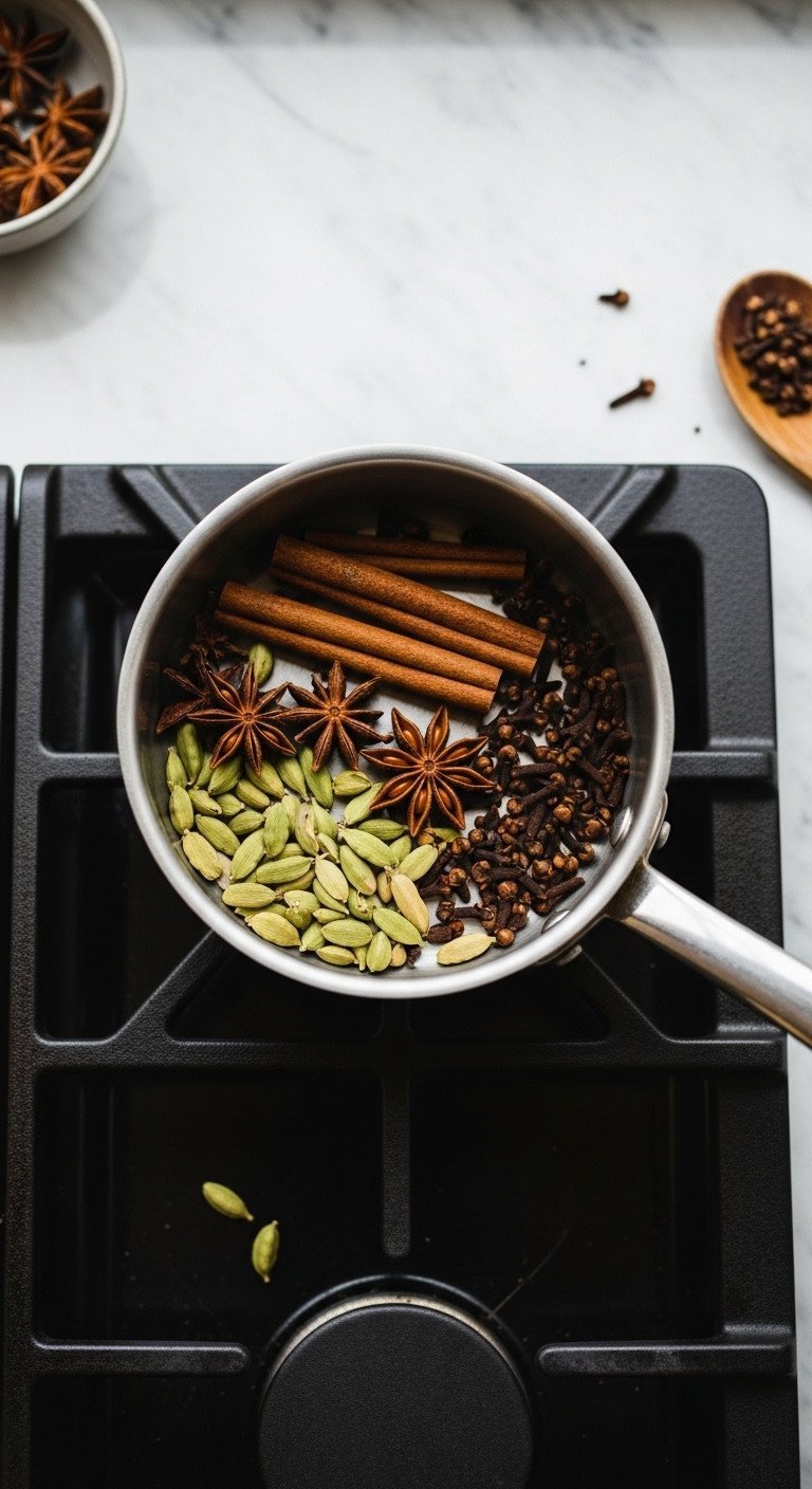 Cozy Chai Tea Latte Recipe That Tastes Better Than A Cafe 1 Top-down flat lay of whole chai spices like cinnamon and star anise toasting in a stainless steel saucepan on a dark stovetop.