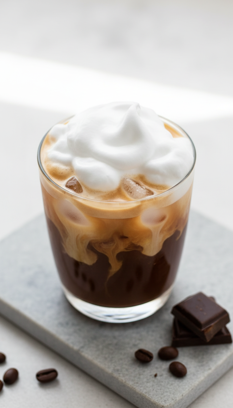 Top-down mocha swirl sweet cold foam iced coffee with chocolate layer, scattered coffee beans, dark chocolate on stone.