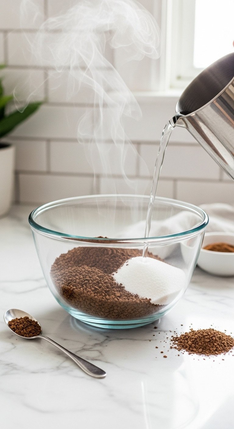 Top-down view of Dalgona coffee ingredients—instant coffee, sugar, hot water—in a glass bowl on a white marble counter.
