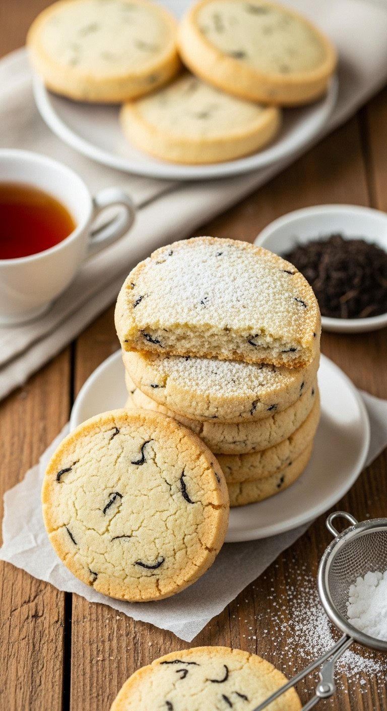 Master Earl Grey Recipes Perfect London Fog Latte at Home 7 Top-down view of Earl Grey shortbread cookies with tea flecks, dusted with powdered sugar, on a rustic wooden table.