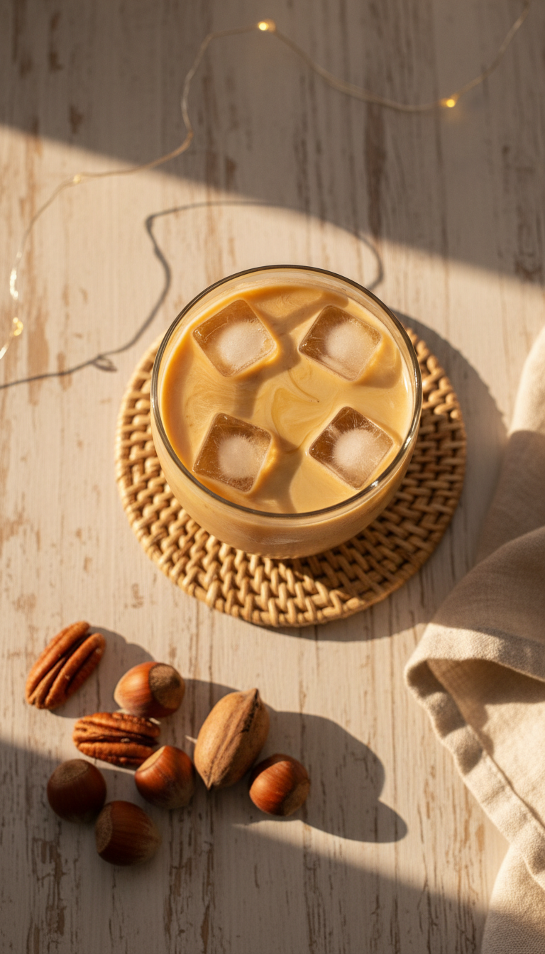 Top-down view of Nutty Pumpkin Iced Coffee with ice on light wood, blurred hazelnuts, linen napkin. Complex autumn coffee blend.
