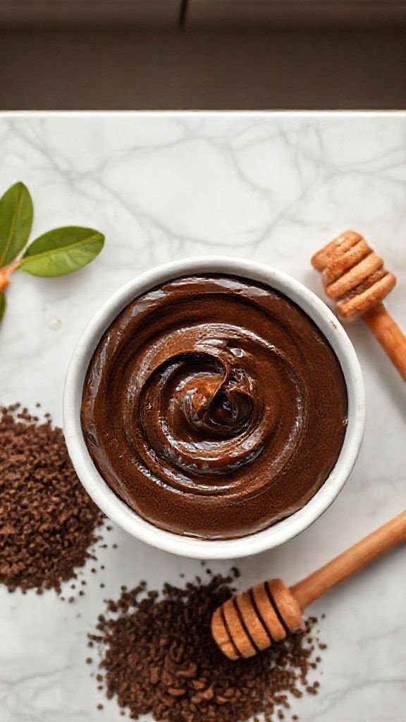 7 Coffee Face Mask Recipes For Instantly Radiant Skin 1 Top-down view of a DIY coffee and honey face mask in a white bowl on a marble surface with ingredients displayed nearby.