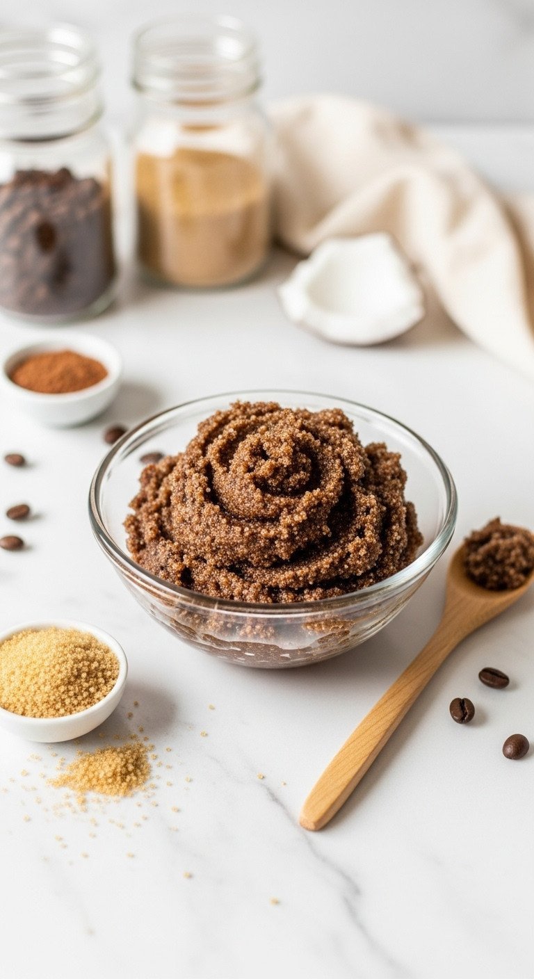 Top-down view of a DIY coffee sugar scrub in a glass bowl on a marble countertop, with coffee beans and a wooden spoon.