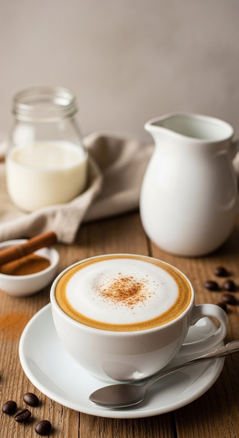 9 Genius Coffee Recipes To Master Lattes And Save Money 5 Top-down view of a creamy oat milk cappuccino with cinnamon dust and velvety microfoam on a rustic wooden table.