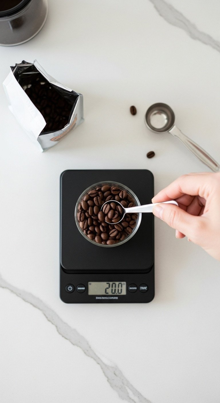 Top-down view of a digital coffee scale measuring whole coffee beans in a glass container on a white quartz countertop.