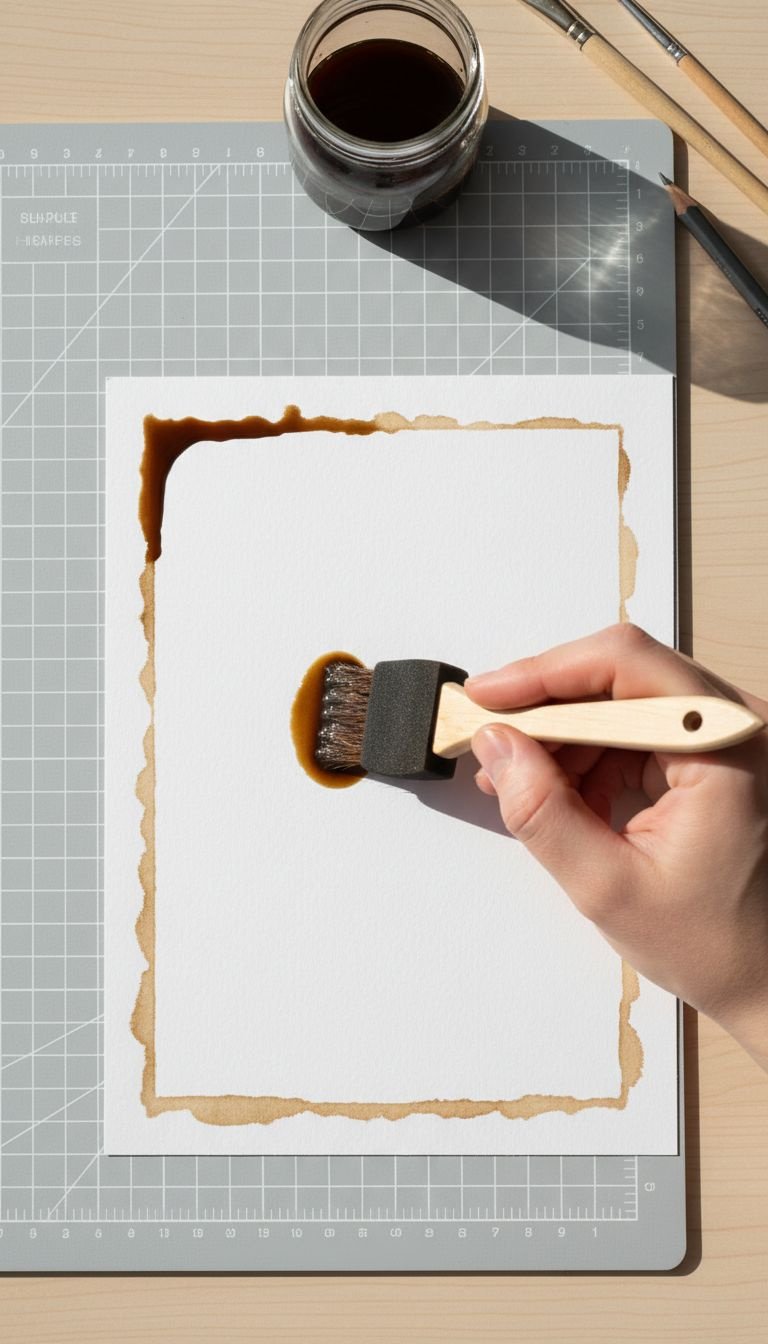 Top-down view of a hand using a foam brush to paint dark coffee on the edge of paper, creating a vintage aged border.