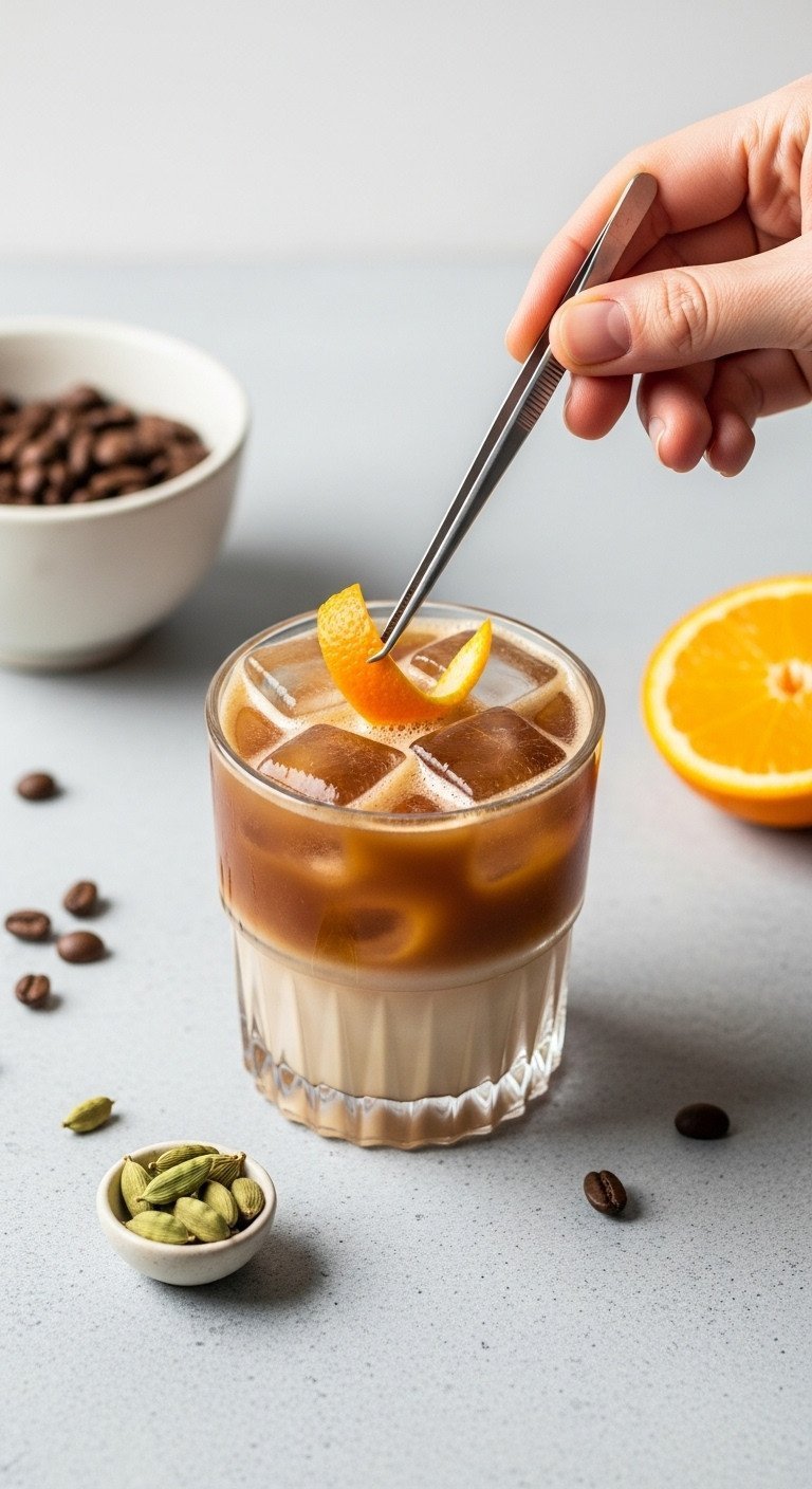 Perfectly Layered Chai Espresso Tonic Recipe You Need To Make 11 Top-down view of a hand with tweezers artfully placing an orange peel twist into a finished Chai Espresso Tonic drink.