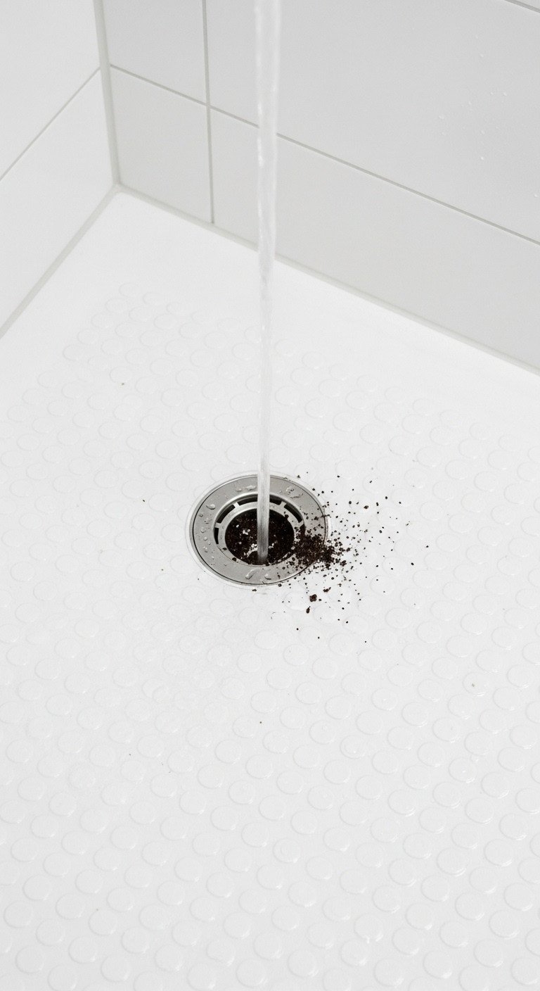 Top-down view of a non-slip shower floor with a drain catcher catching coffee grounds to prevent plumbing clogs.