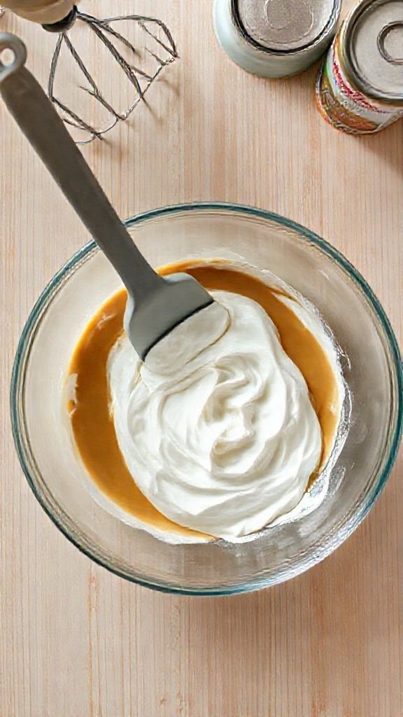Unlock The Secret To Perfectly Creamy Coffee Ice Cream 13 Top-down view of a spatula folding stiff whipped cream into a coffee and condensed milk base for no-churn ice cream.