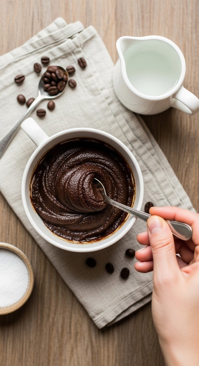 Top-down view of a spoon stirring coffee and water into a smooth paste in a white mug on a rustic wooden table with coffee beans.