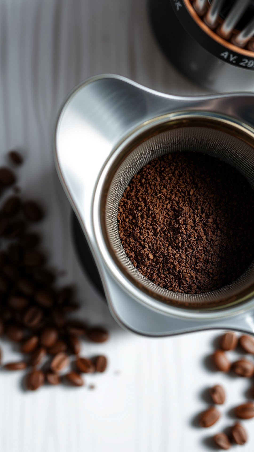 Top-down view of a stainless steel phin filter filled with dark, medium-coarse ground coffee on a rustic wooden table.
