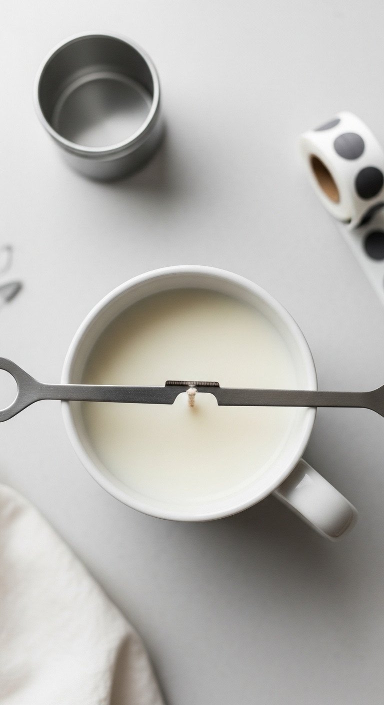 Top-down view of a white ceramic mug prepared for candle making with a wick held straight by a metal centering tool.