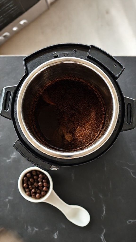 3 Genius Ways To Make Perfect Coffee Concentrate At Home 3 Top-down view of an Instant Pot steel pot with coffee grounds and water for a pressure cooker coffee concentrate recipe.