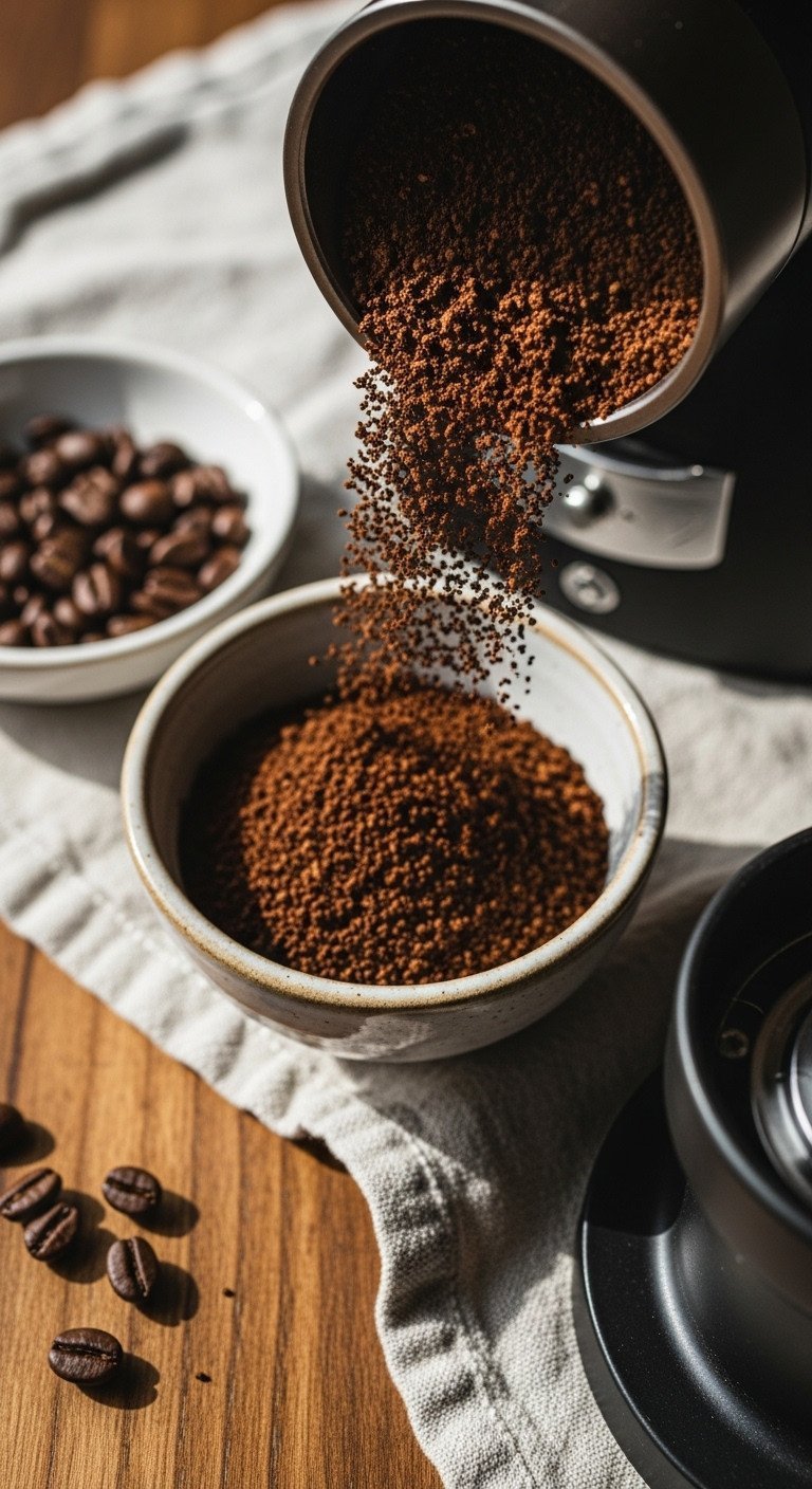 Top-down view of coarse ground coffee pouring from a burr grinder into a small ceramic bowl on a rustic wood table.
