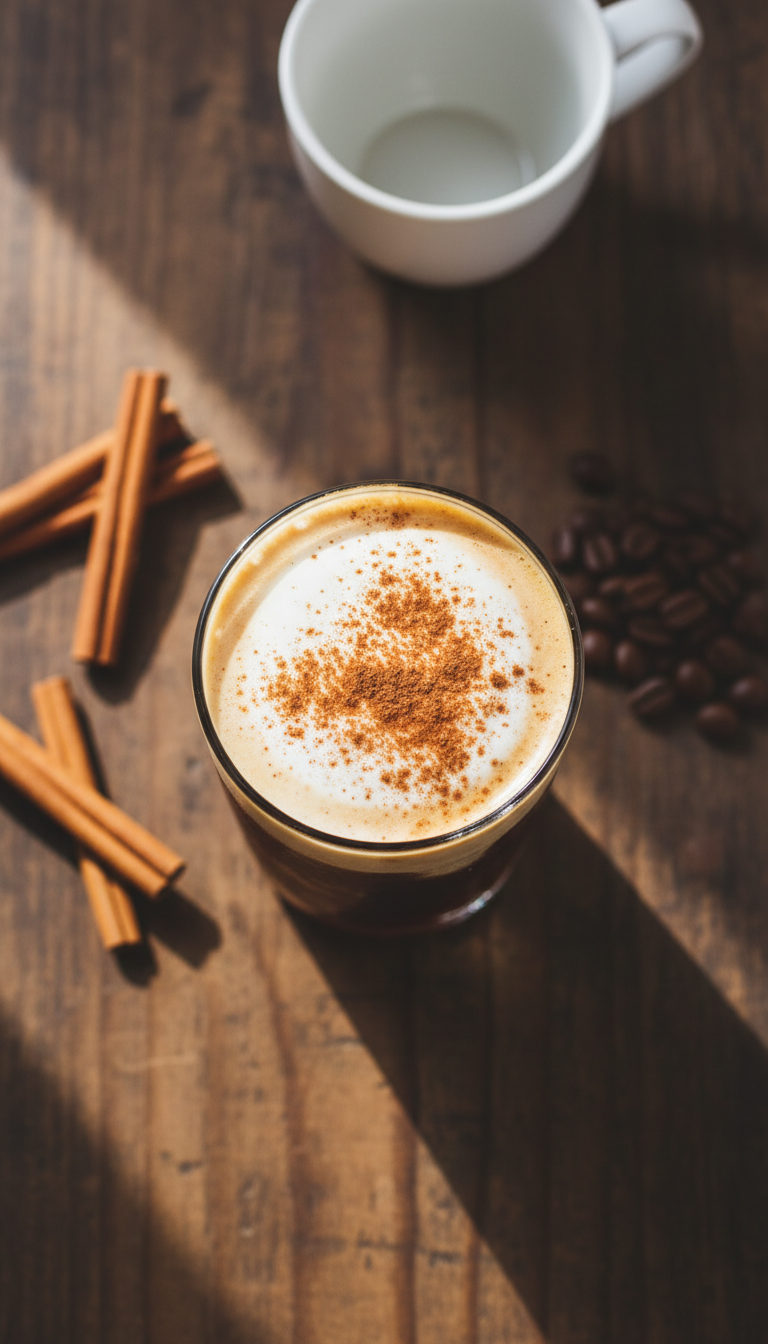 Top-down view of dark cold brew coffee with cream and cinnamon sprinkle on a rustic wooden table, surrounded by coffee beans.