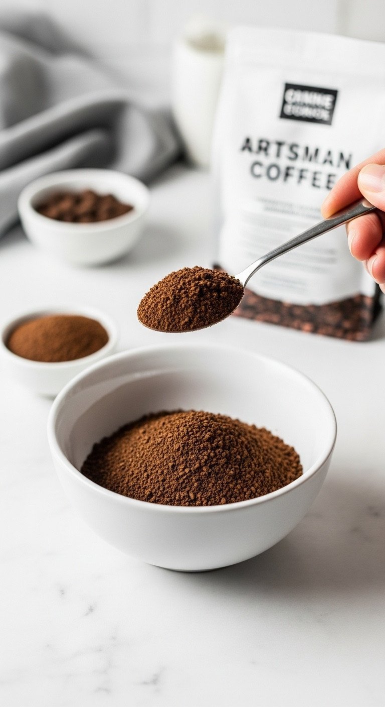 The Perfect Dalgona Coffee Recipe For Fluffy Whipped Coffee 2 Top-down view of dark instant espresso powder being spooned into a white bowl on a marble counter for a Dalgona coffee recipe.