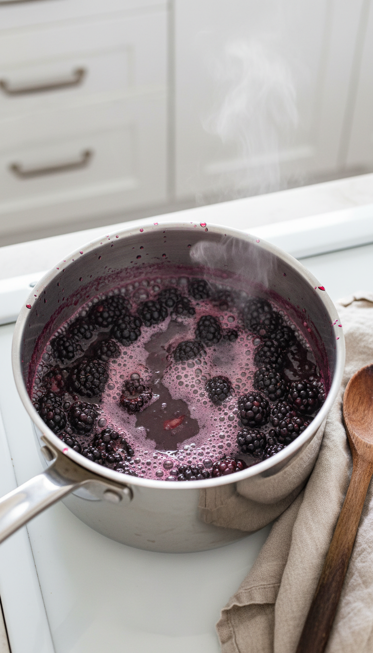 Homemade Blackberry Coffee Syrup: Easy & Delicious Recipe 3 Top-down view of fresh blackberries simmering into vibrant purple syrup in a stainless steel saucepan on a stovetop. Homemade fruit syrup.