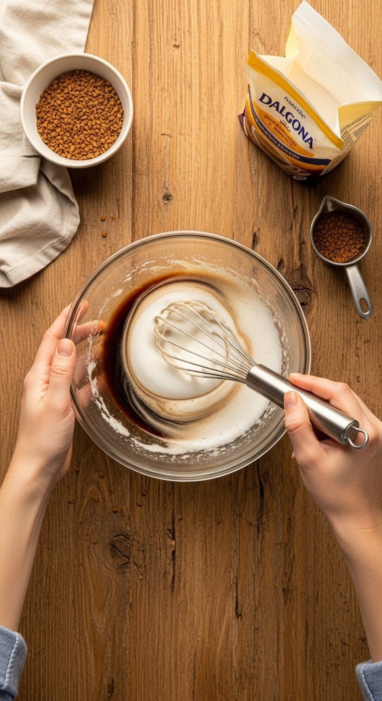 Top-down view of hands using a metal whisk to whip Dalgona coffee into a fluffy foam in a glass bowl on a wooden table.