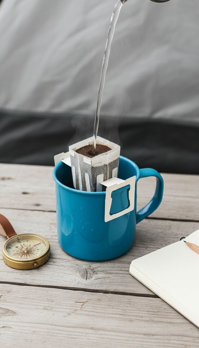 Top-down view of hot water being poured into a single-serve pour-over packet resting on a colorful camping mug.