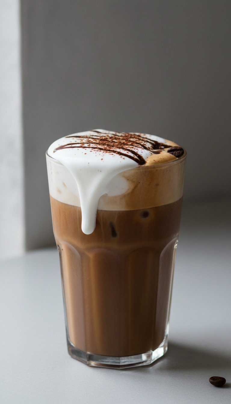 Top-down view of mocha iced coffee with thick white cold foam, chocolate drizzle, and coffee beans on a minimalist desk.