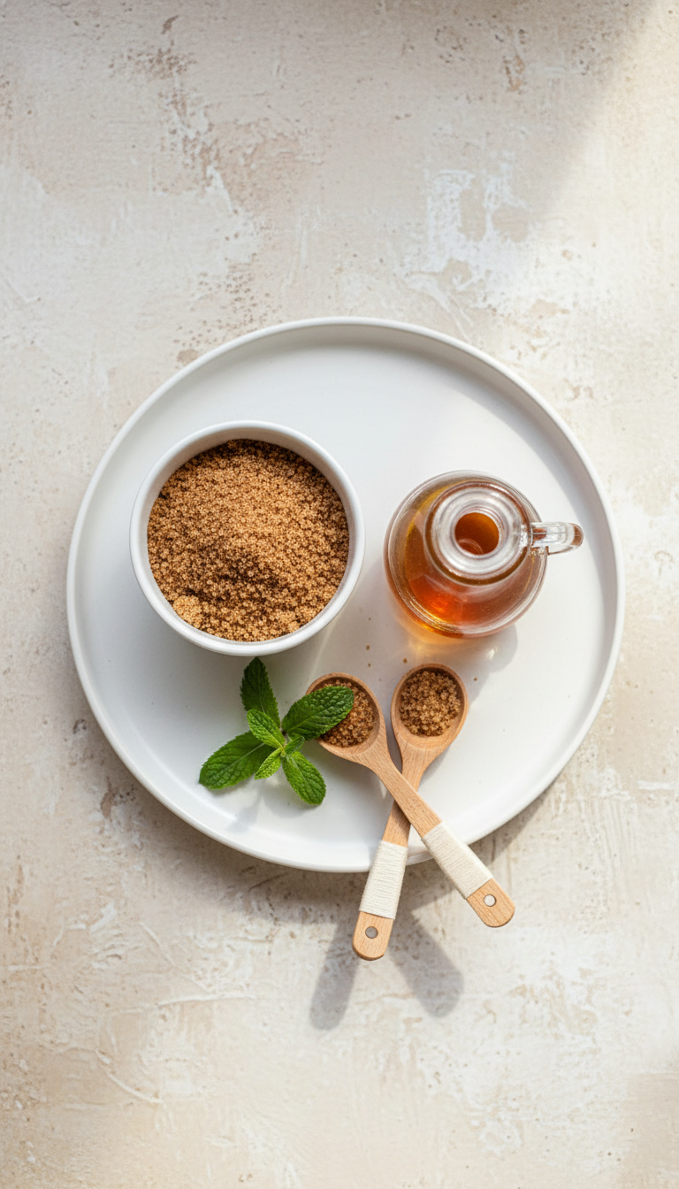 Top-down view of sugar-free brown sugar syrup alternative in a carafe with sweetener on a white plate.