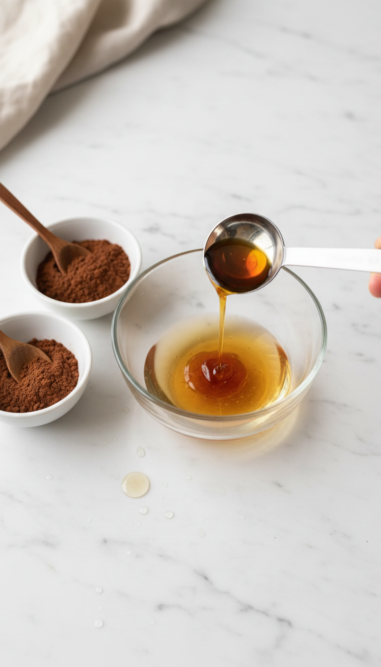 Homemade Irish Cream Coffee Syrup Without Alcohol 3 Top-down view of vanilla and almond extract pouring into simple syrup, with espresso and cocoa powder nearby on marble.