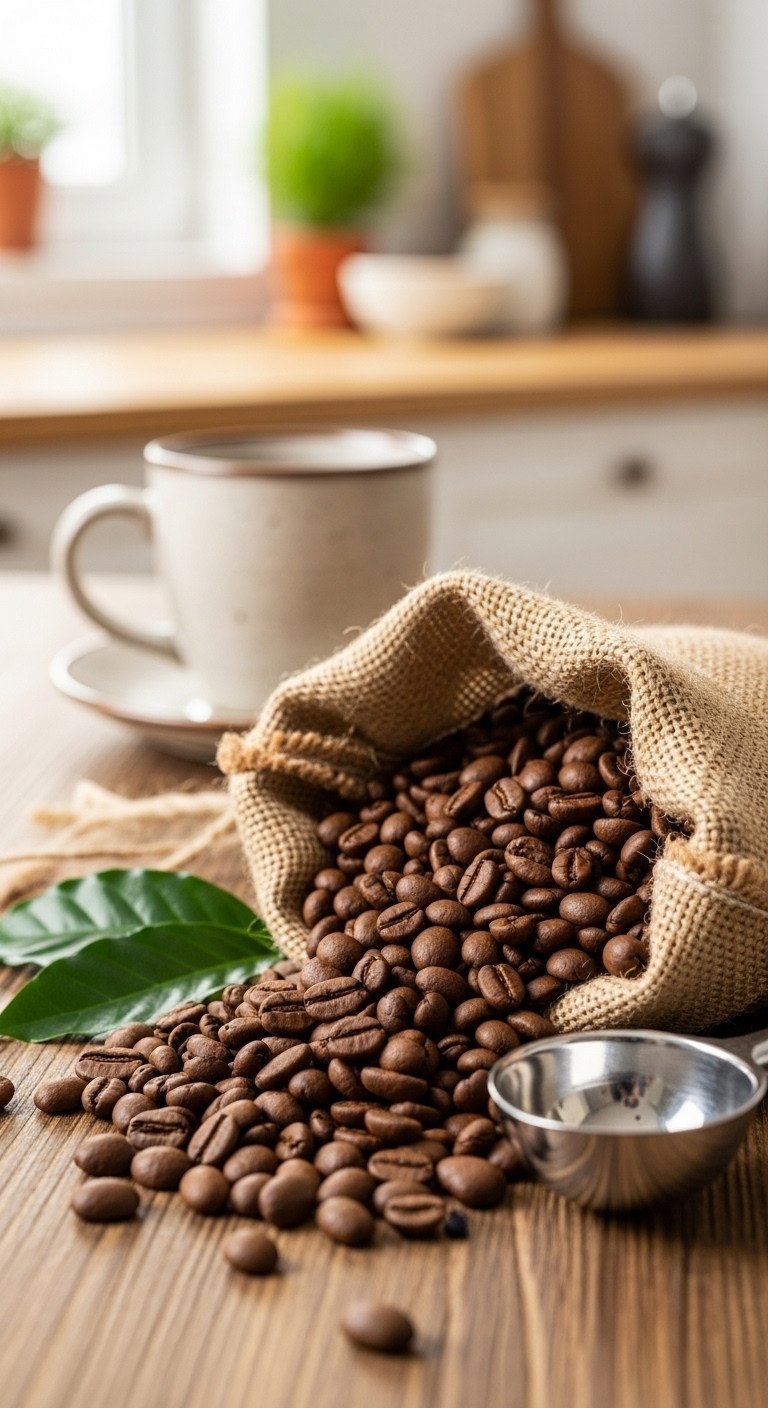 Make Perfect Cold Brew Coffee At Home Without The Mistakes 1 Top-down view of whole medium-roast coffee beans spilling from a burlap sack onto a rustic wooden counter with a scoop.