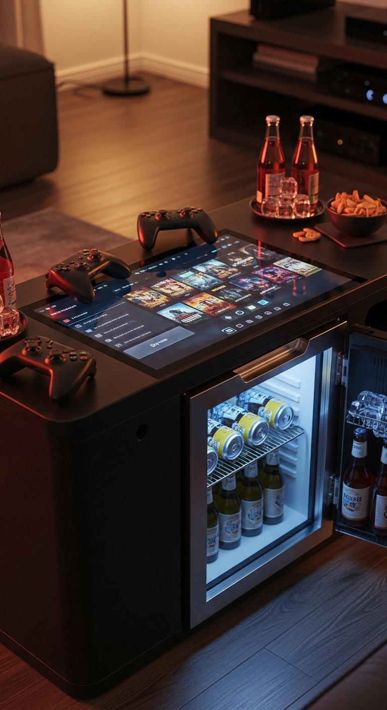 Touch screen smart coffee table displaying a game. Gaming controllers, snacks, chilled drinks. Modern home entertainment setup.