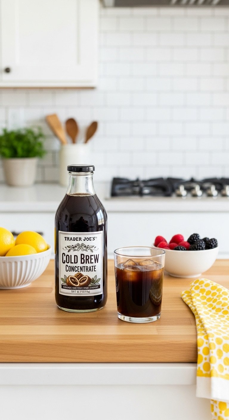 Cold Brew Concentrate The Foolproof Guide To Make Or Buy 5 Trader Joe's Cold Brew Concentrate next to a glass of iced coffee on a butcher block counter with a bowl of fresh berries.
