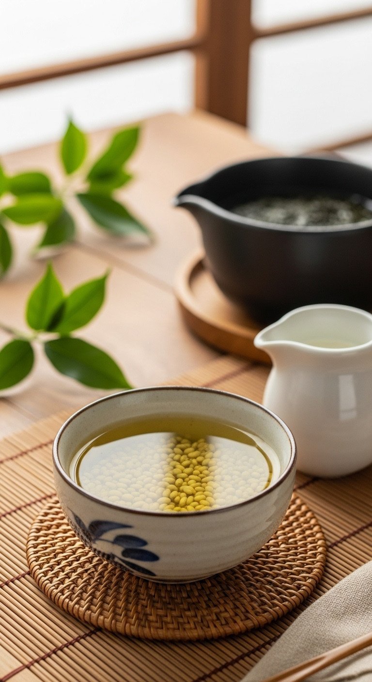 13 Perfect Green Tea Recipes Iced Matcha And No Bitterness 17 Traditional Genmaicha tea in a Japanese teacup with toasted brown rice kernels, bamboo placemat, peaceful warm drink.