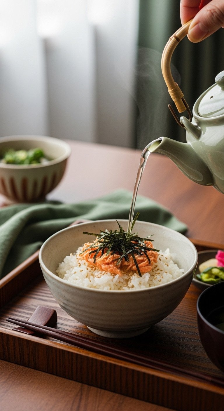 13 Perfect Green Tea Recipes Iced Matcha And No Bitterness 23 Traditional Japanese Ochazuke with rice, salmon, nori, green tea poured from teapot, chopsticks, comforting meal.