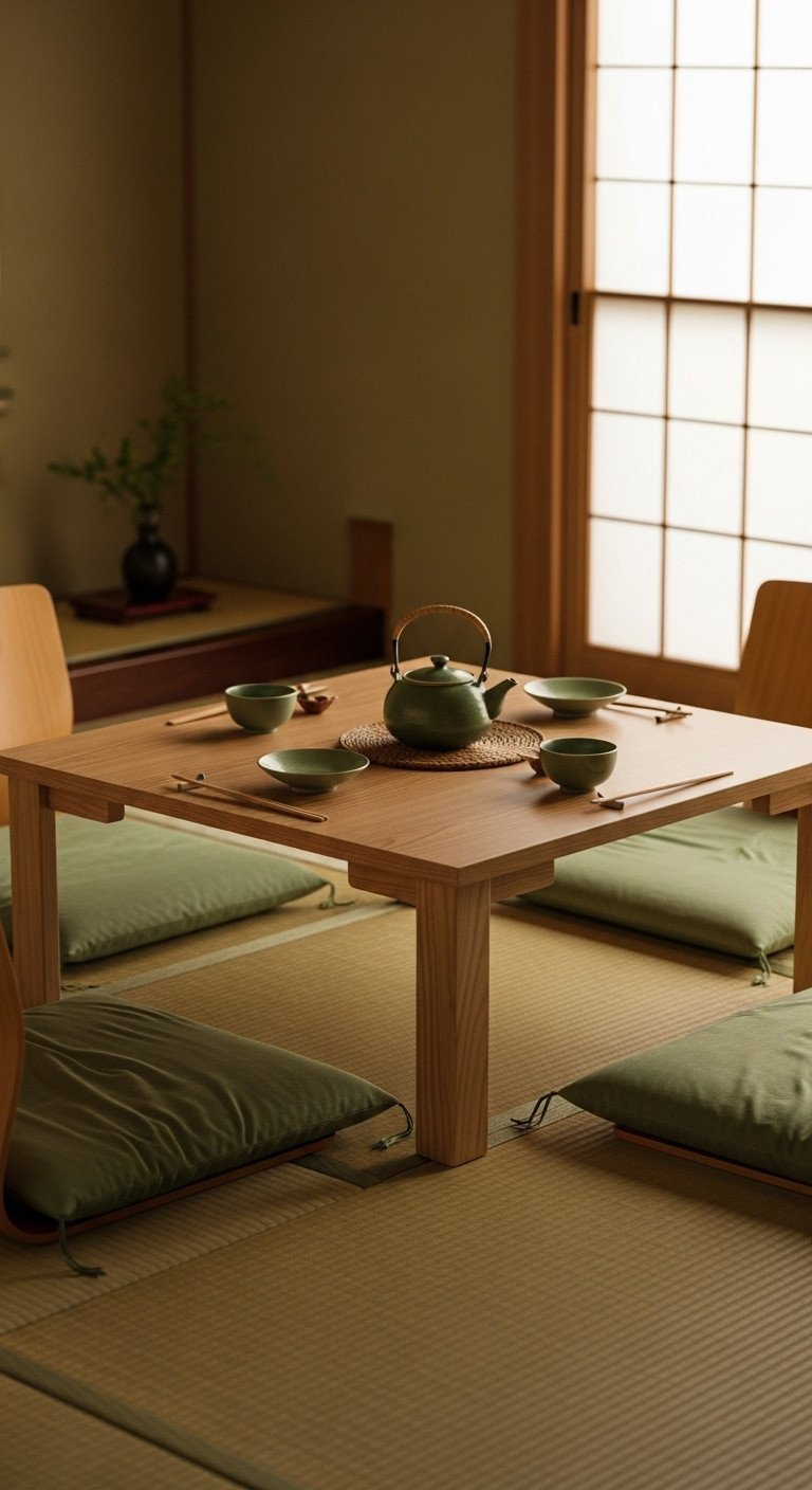 Traditional Japanese Zataku wood table on tatami mats with zaisu chairs, zabuton cushions, and green tea. Serene setting.