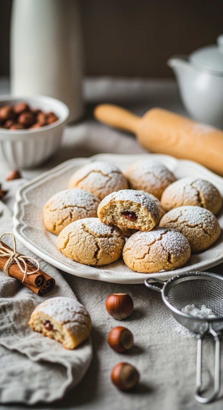 Traditional Swedish Kaffekakor cookies, vanilla cinnamon hazelnut, powdered sugar dusted, on a vintage platter with cinnamon stick.