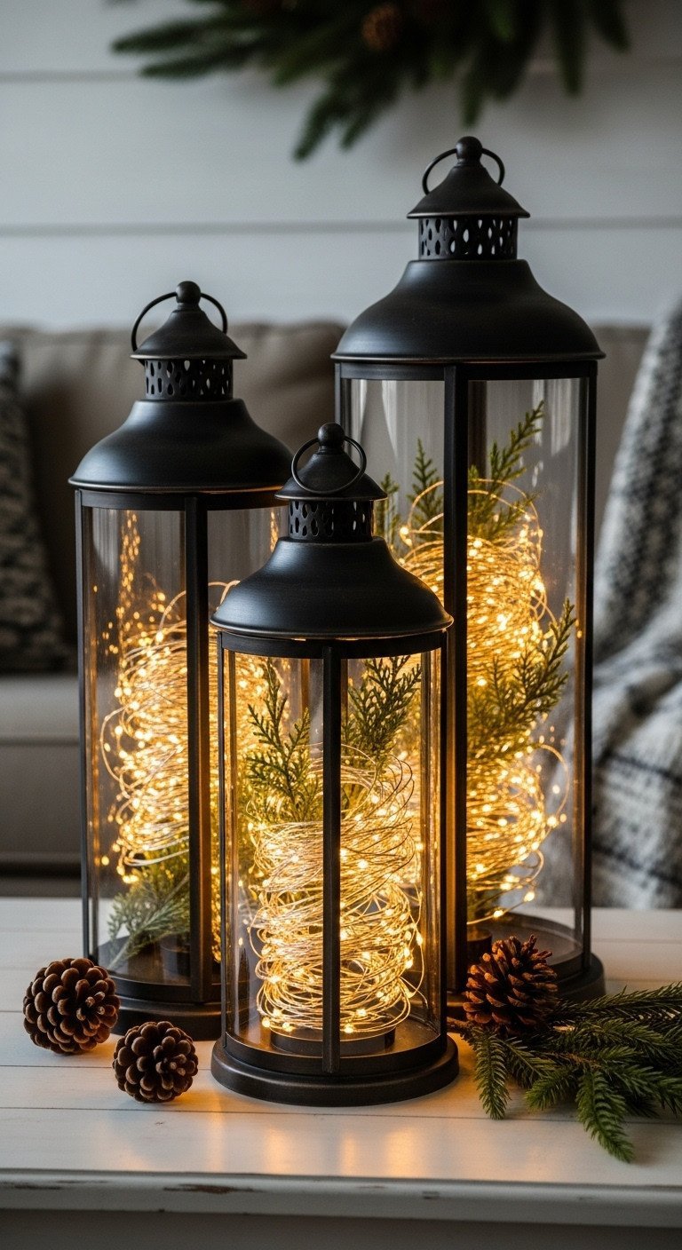 Twinkling Christmas decor: three dark metal lanterns filled with glowing fairy lights and faux cedar branches on a white coffee table.