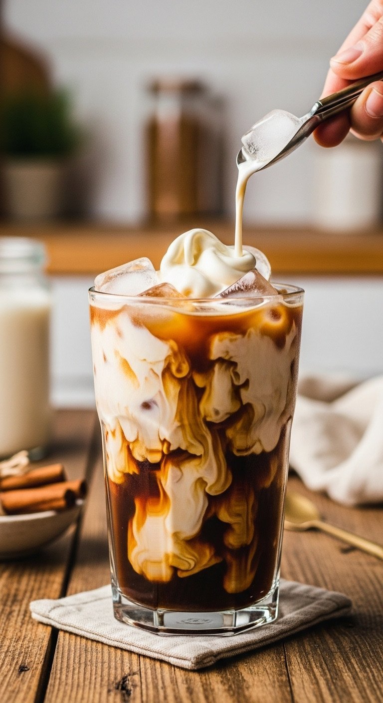 Dunkin Donuts Iced Coffee Order Vanilla 7 Genius Customizations 1 Two customized vanilla iced coffees on marble, one with thick caramel swirl, one with clear vanilla shot. Bright, minimalist coffee shop setting.