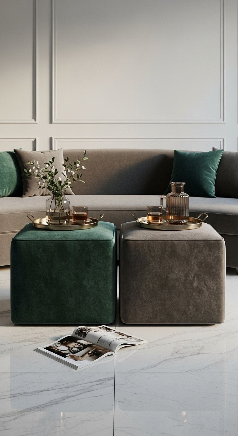 Two dark velvet square ottomans used as coffee tables with decorative trays, in front of a curved sofa on a marble floor. Luxury living room.